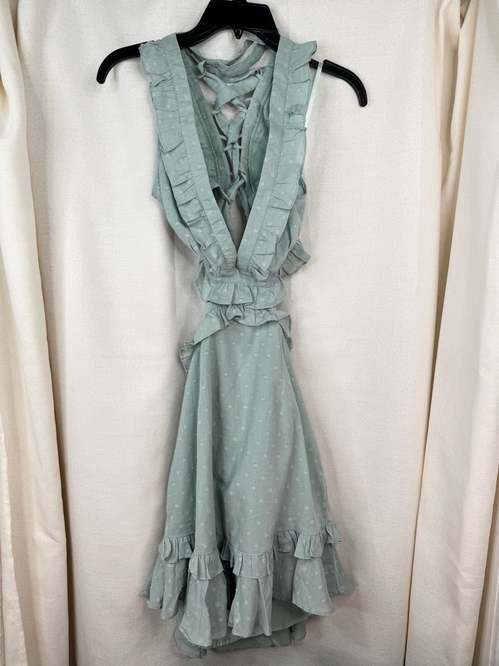 Selfie Leslie Dress Plunge Neck Open Lace Up Back Size L Sage Green Swiss Dot
